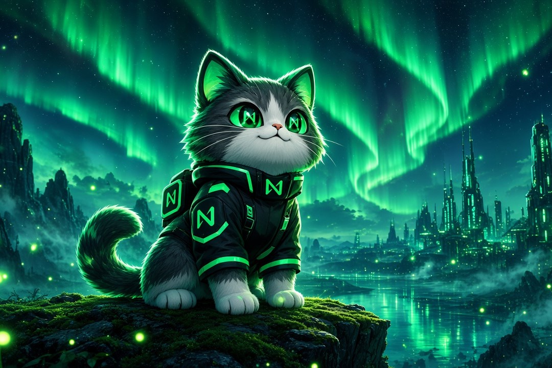 Near Cat sitting under a green aurora above a distant neon city
